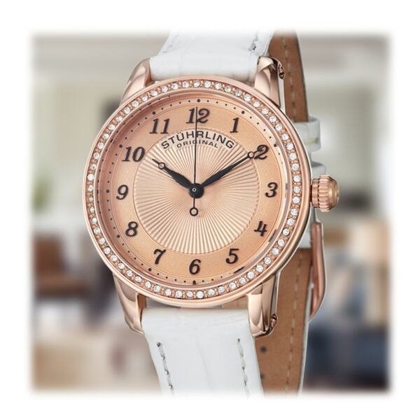 Women's Watch Stührling Ultra Slim 34mm Quartz Rose Gold White Leather Strap NEW - Picture 3 of 3